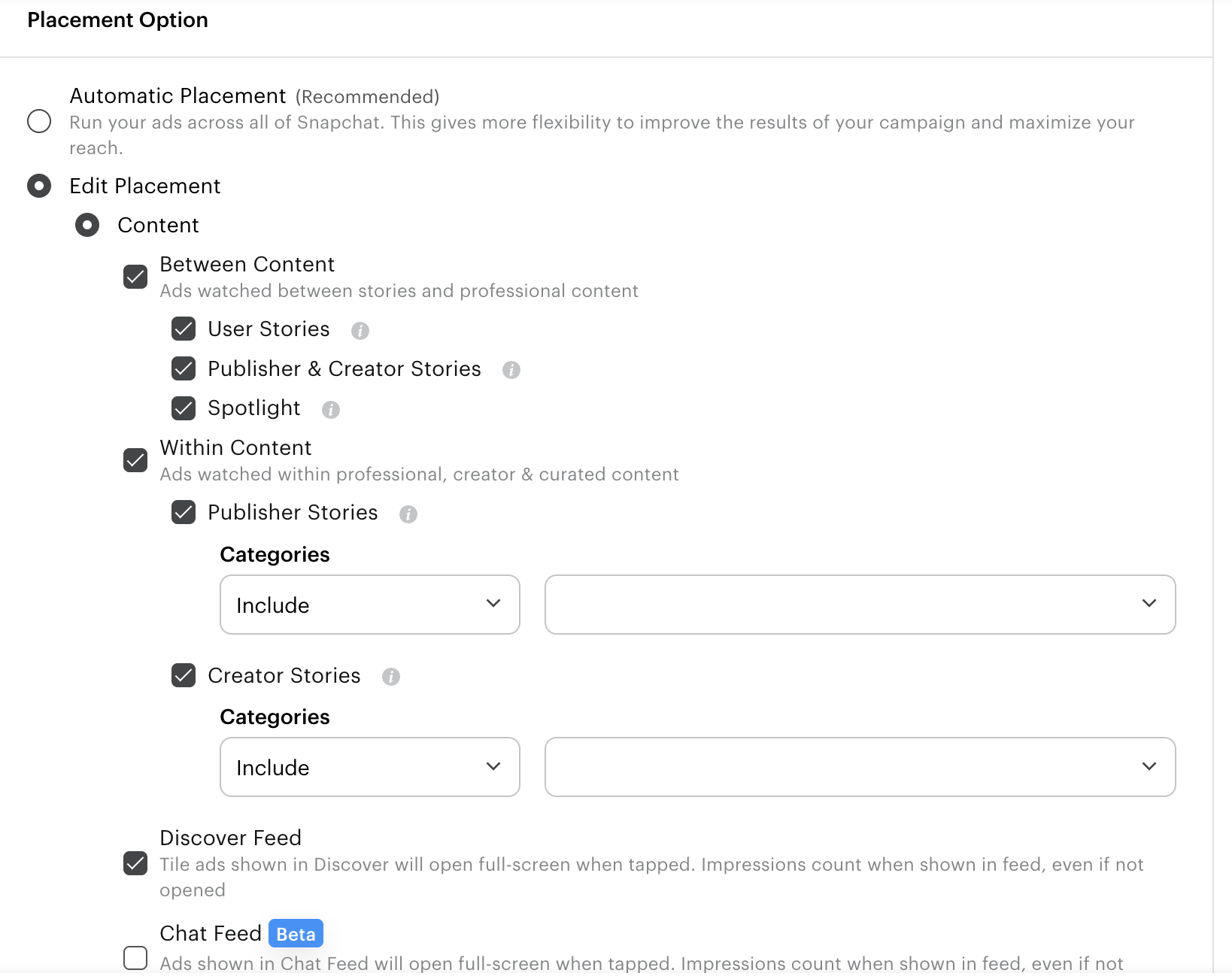 ad placement settings