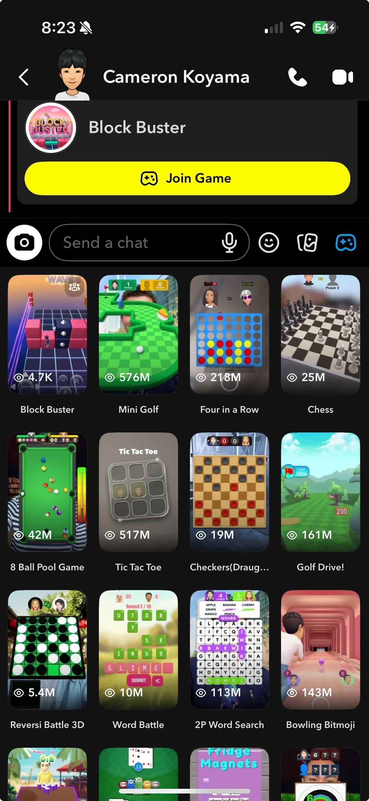 The Chat Drawer inventory open in a conversation: a grid of games to pick from, with a Join Game invite card pinned at the top of the Chat
