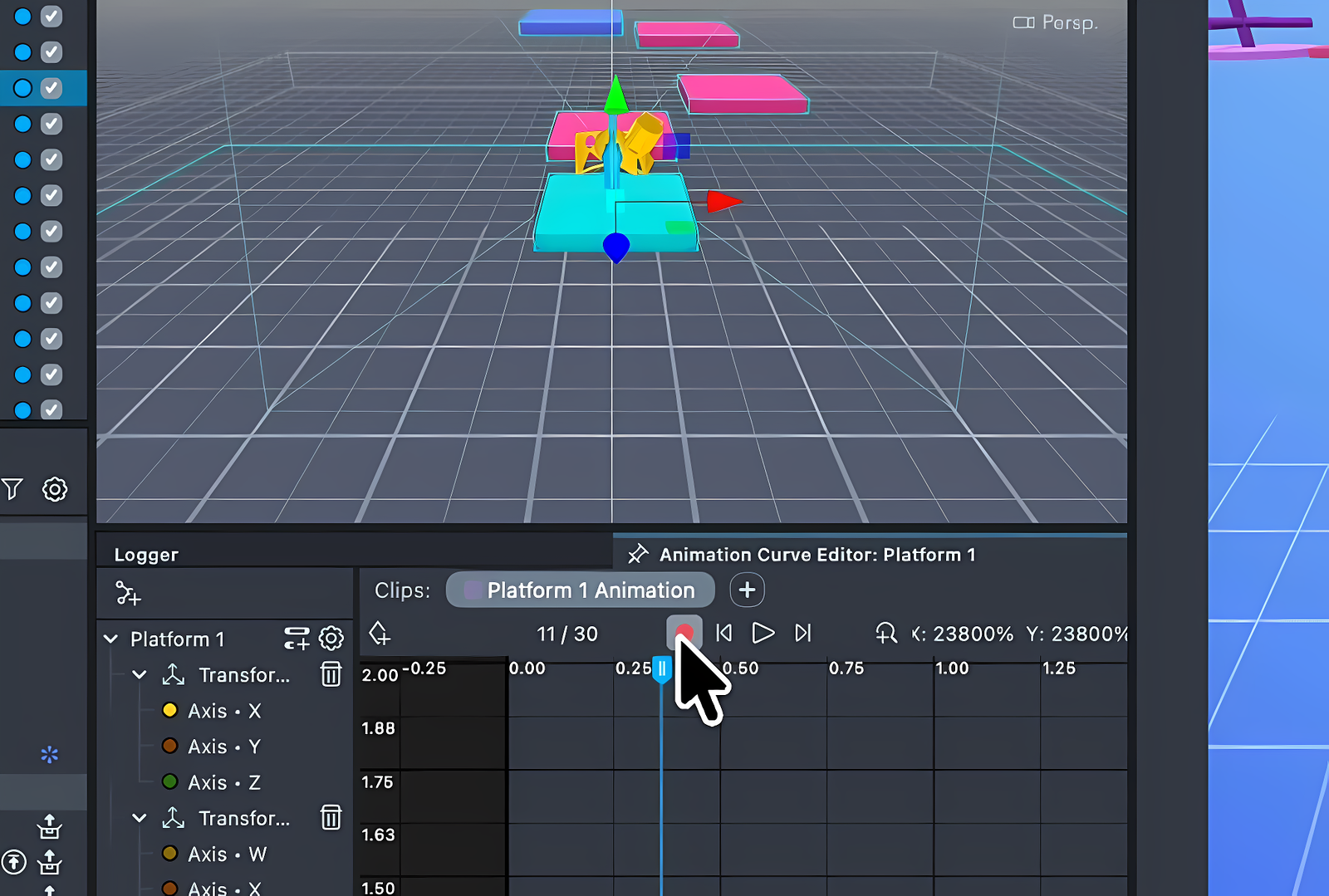Animation Curve Editor toolbar showing the Record button as a red dot, Step Back, Play, Step Forward, frame counter, and zoom readout