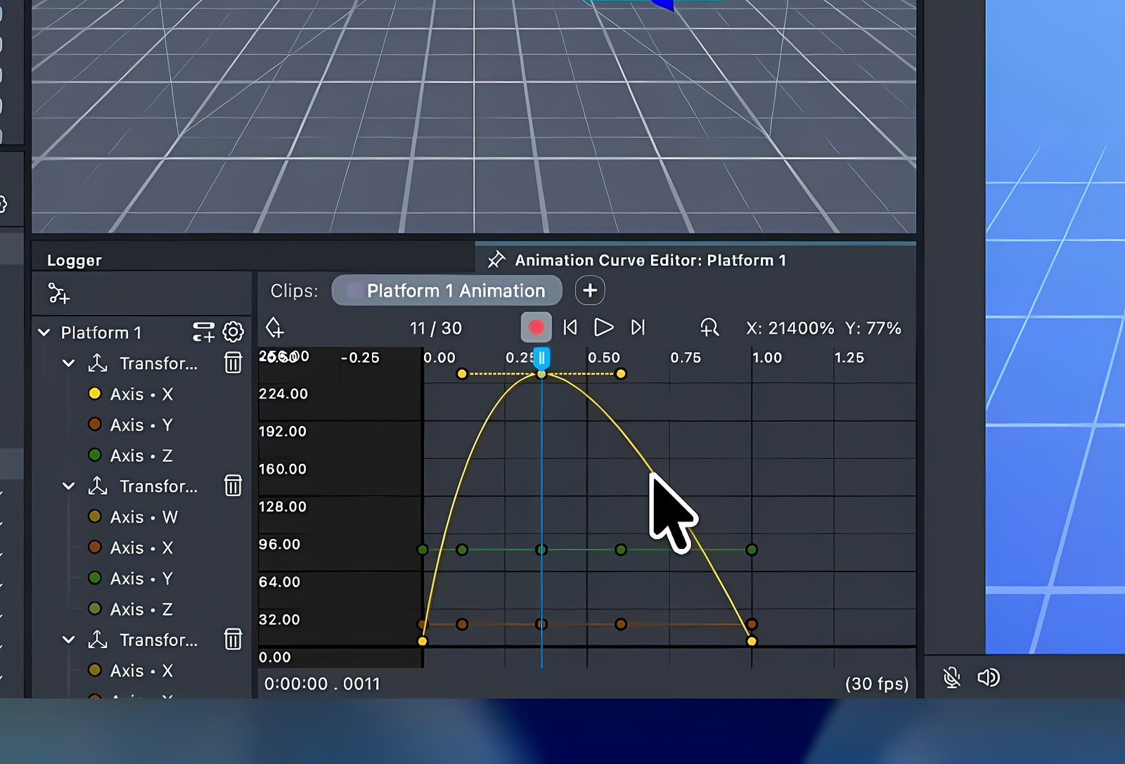 Curve canvas showing recorded keyframes—the yellow Z-axis track has a smooth Bezier arc from a transform drag, while the green and orange tracks remain flat