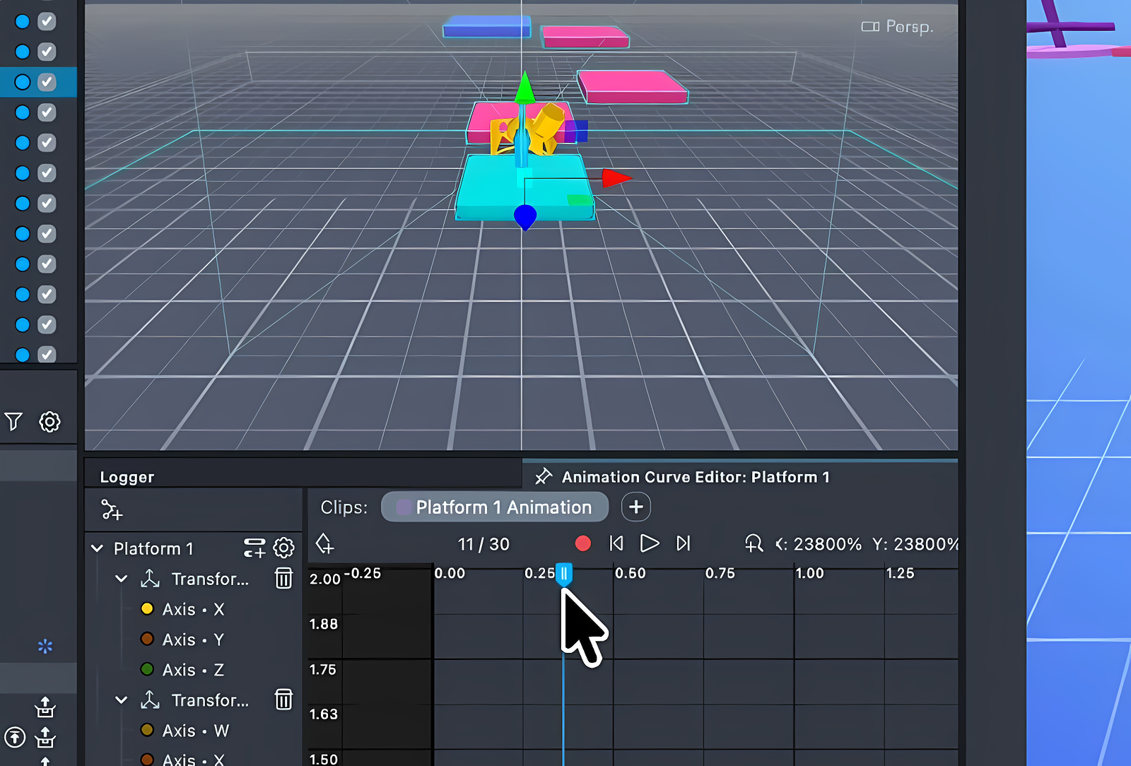 Animation Curve Editor showing the Clips Bar with a selected clip pill, transport controls, frame counter, zoom readout, and the scrubber playhead while dragging