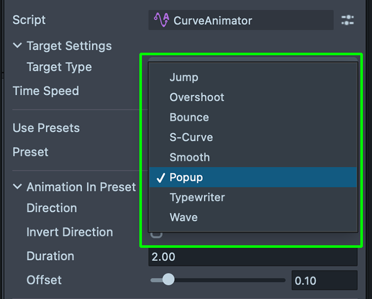 Preset dropdown showing Jump, Overshoot, Bounce, S-Curve, Smooth, Popup, Typewriter, Wave